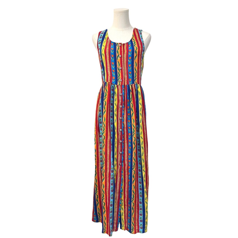 Vintage Carole Little 90s Maxi Dress Colorful Stripe Rayon Floral Art Teacher
